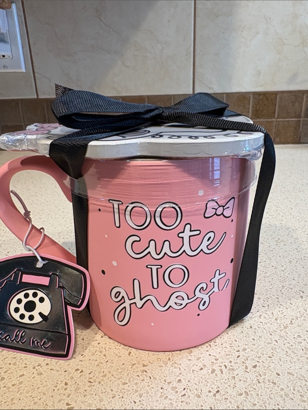 Pink '”Too Cute to Ghost' Ceramic Mug with Adorable Ghost Coaster and Gift Tag